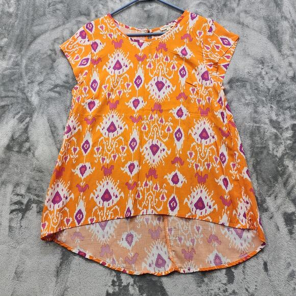 Christian Siriano Top Womens L Orange Pink White Rayon Cap Sleeve High Low Hem - Picture 1 of 10